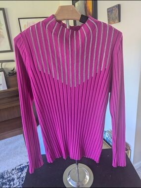 INC International Concepts Fuchsia Ribbed  Long-Sleeve Top with Rhinestone Yoke